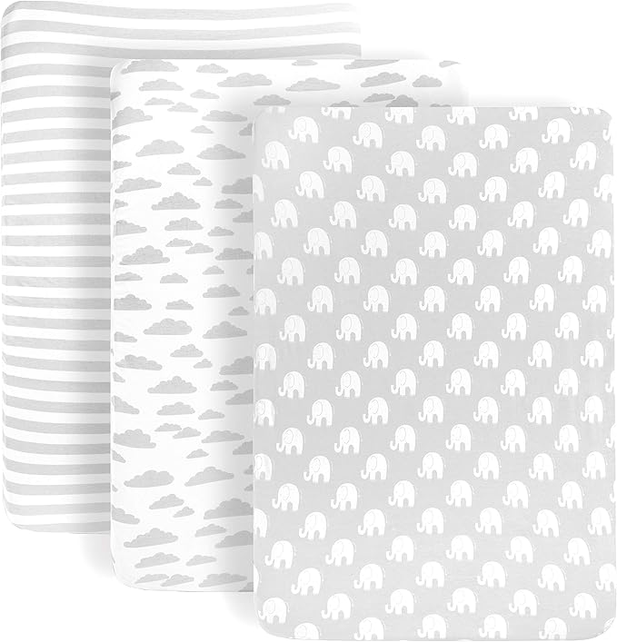 BaeBae Goods Premium Crib Sheets for Baby Boys and Girls, 3 Pack, Soft and Breathable Jersey Cotton Fitted Sheet Set, Grey and White, Cute Gender Neutral Nursery Mattress Bedding, Universal Fit