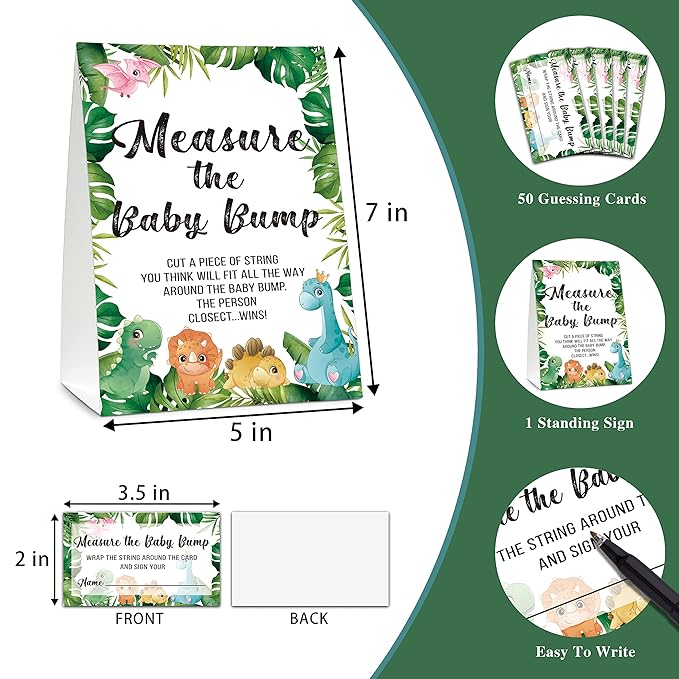 Baby Shower Game Set, Measure The Baby Bump(1 Standing Sign + 50 Find Cards), Safari Jungle How Big is Mommy's Belly Party Game, Dinosaur Baby Shower/Gender Reveal Party Favor Decor(A04)