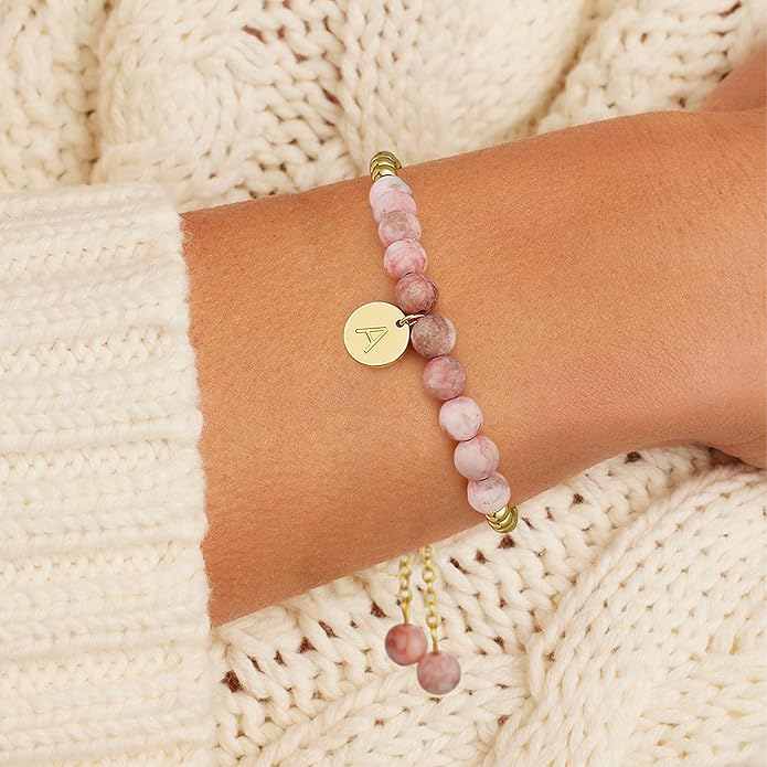 Ritach Initial Bracelets for Girls - Pink Zebra Natural Stone Bracelet Real Gold Plated Beaded Bracelets Adjustable Disc Initial Bracelets for Girls Kids Teen Girl Gifts