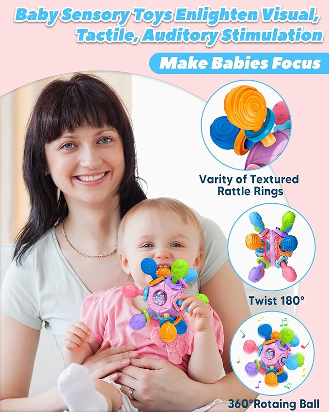 Baby Teething Toys Teethers for Babies Infant Baby Girl Toys Gifts, Newborn Rattles Chew Toys Sensory Learning Montessori Toys for Babies - Purple