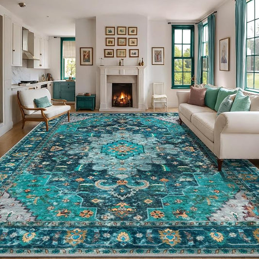 Ciicool 9x12ft Vintage Washable Area Rug,Large Oriental Throw Carpet,Non-Slip Low Pile Rug for Living Room, Bedroom, Dining Room, Office, Kitchen(Teal/Multi)