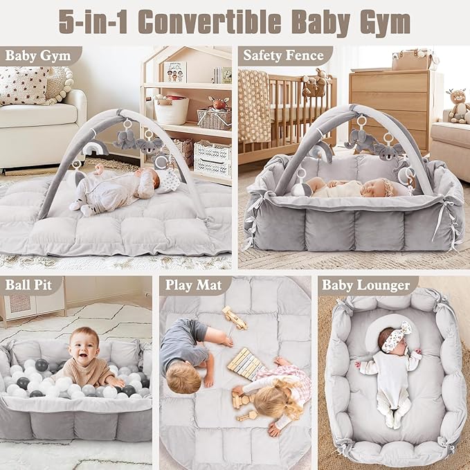5-in-1 Plush Baby Play Gym, Baby Play Mats, Convertible Baby Gym with Pillow, Tummy time mat, Baby&Ped Bed, 6 Sensory Toys, Baby Activity Center from Newborn to Toddler, Ball Pit, Rectangular Grey