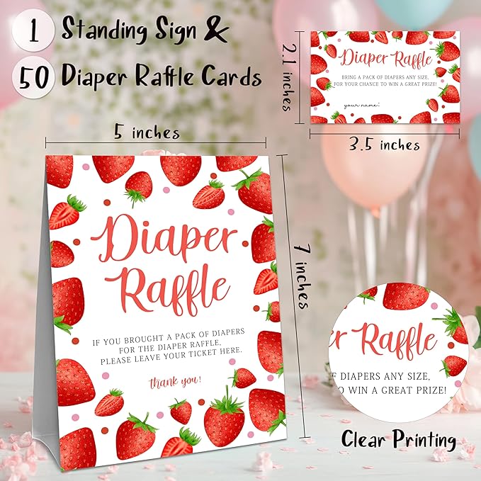 Strawberry Diaper Raffle Set For Baby Shower - 50 Raffle Tickets With 1 Standing Sign - Baby Announcement, Gender Reveal Baby Shower Party Decoration Game Set - A08