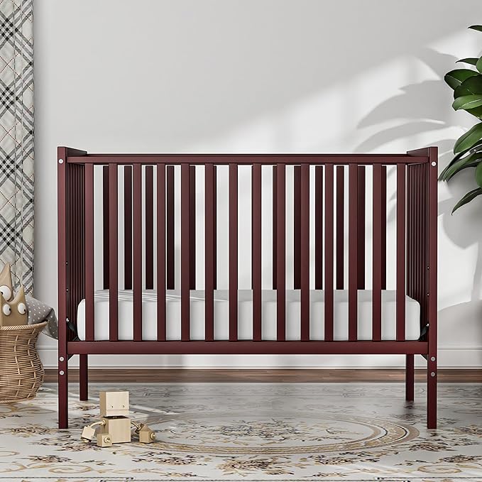 Baby Crib 5-in-1 Convertible, Wood Full Size Toddler Bed for Small Baby, Made of Sustainable Natural Pinewood Cribs, Non-Toxic Finish, Simplistic Nursery Furniture (Cherry)