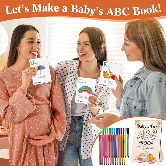 Geelin 51 Pcs Fun Baby Shower Game Activities First Abc Book Sign Coloring Game Card 26 Alphabet a to Z Coloring Card with 24 Watercolor Pen Storage Bag for Baby Shower Party(Autumn)