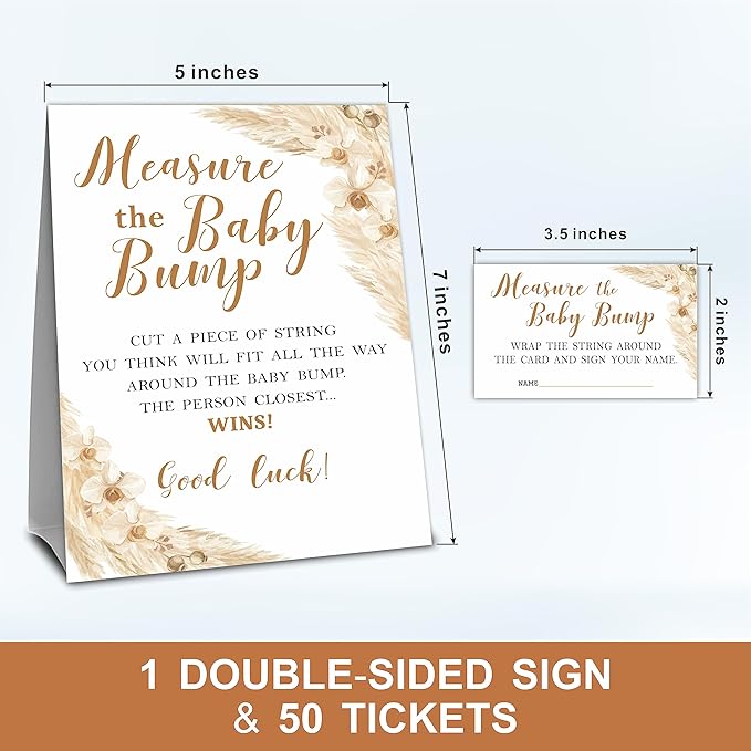 Boho Baby Shower Measure The Baby Bump, Measure Mommy's Belly Game Set - 1 Self-Standing Sign And 50 Tickets - Gender Reveal, Baby Shower, Baby Announcement Activity & Party Favor Supplies - A02