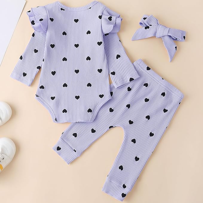 Fullfamous Baby Girl's 3pc Rib Frill Long Sleeve Romper and Pant Set
