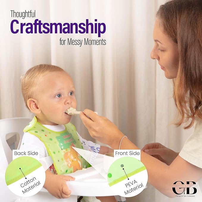 Baby & Toddler Essentials: 3 Gender Neutral Bibs with Temperature Sensitive Spoon and Fork - Washable, Removable/Detachable Food & Drool Catcher, Adjustable Snaps - Cartoon & Animal Graphics.