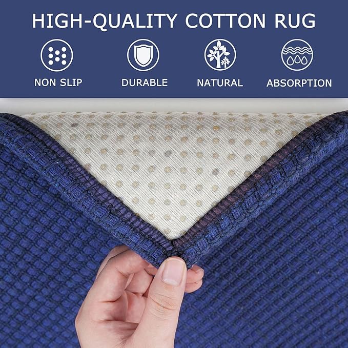 KOZYFLY Washable Area Rug 5x7 ft Rubber Backed Non Slip Rugs for Living Room Braided Cotton Bedroom Rug Woven Office Rugs Indoor Floor Carpets for Dining Bedroom Living Room, Royal Blue/Navy