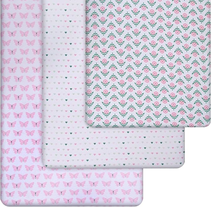 GROW WILD Crib Sheets 3 Pack - Soft & Stretchy Jersey Cotton Fitted Baby Crib Sheets for Girls, Cute Toddler Bed Sheets for Baby Girl (Hearts & Flowers)