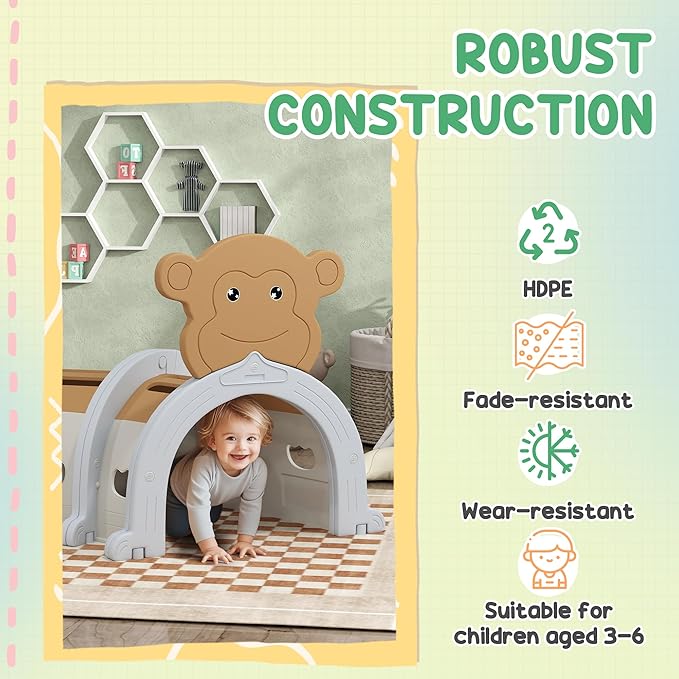 Qaba Monkey Tunnel, Toddler Tunnel for Kids Crawl and Climb Through, Kids' Play Structure Indoor Outdoor, 4 Sections, Brown