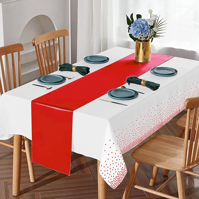 8Pack Disposable Plastic Tablecloths and Satin Table Runner Set White and Red Dot Tablecloth Red Satin Table Runner for Wedding Birthday Baby Shower Anniversary Christmas New Year Party Supplies