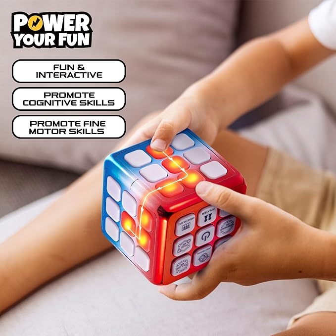 Power Your Fun Cubik LED Flashing Cube Memory Game - Electronic Handheld Game STEM Toy, 5 Brain Memory Games for Kids Brain Play Sensory Toys Puzzle Fidget Toy Light Up Cube (Metallic Red/Blue)