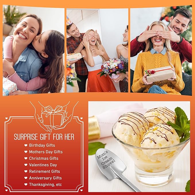 Funny Mother Birthday Gifts for Mom Christmas, from Daughter Son, Christmas Gift for Mom Mama Mommy Mother In Law Birthday Retirement Presents, Small Cute Engraved Mom's Ice Cream Shovel Spoon