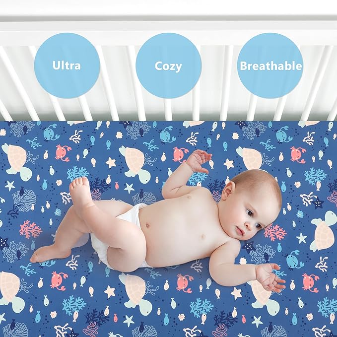 TILLYOU Baby Crib Sheets for Boys Girls, Super Soft Toddler Bed Sheets, 2 Pack Sheets for Standard Crib Mattress 28x52in, Beach Time Turtle and Lake Blue