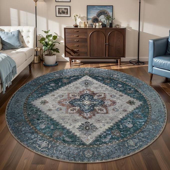Ciicool Boho Circle Area Rug Washable 6x6ft Round Bedroom Rug Non-Slip Oriental Throw Rug Low-Pile Floor Carpet for Dining Room Living Room