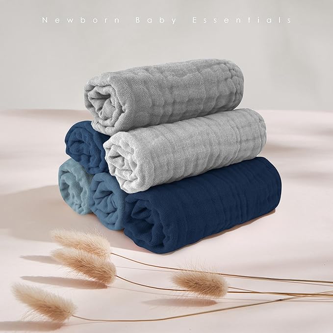 MOON PARK Baby Washcloths, 12 Pack - 12x12 Inches, Small Burp Cloths and Baby Wipes - 100% Cotton Muslin Ultra Soft for Newborn, Infant and Toddlers - Slate, Grey and Navy Series
