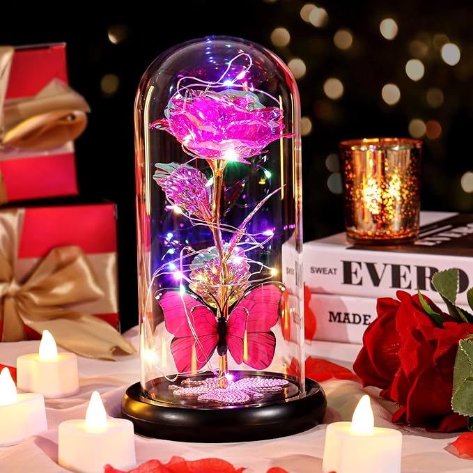 DEEMEI Birthday Gifts for Women Pink Rose Eternal Flower Light Up Rose in Glass Dome with Butterfly, Flowers for Delivery Prime Anniversary Grandma Mom Gift Wife Girlfriend