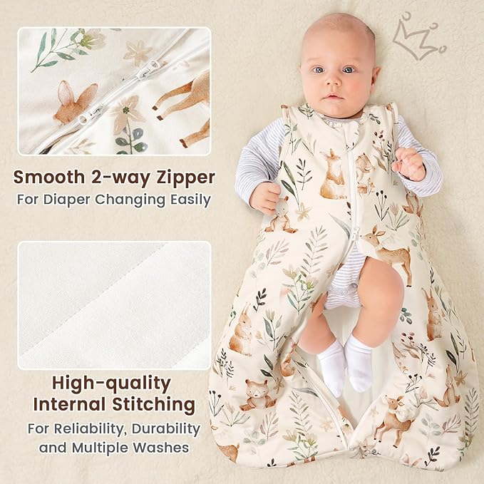 PHF 100% Cotton Baby Sleep Sack 6-12 Months, 2.5 TOG Winter Baby Wearable Blanket with 2-Way Zipper, Warm Comfy Quilted Sleeping Bags, Infant Sleeping Sack for Newborn Boys, Medium Size, Woodland