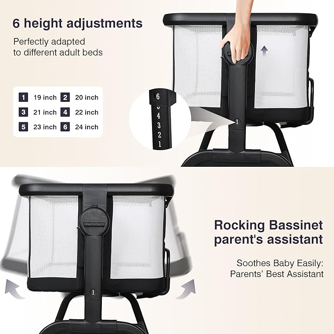 Bedside Cribs 3 in 1 Baby Bassinet Bedside Sleeper with Adjustable Height Easy Folding Portable Crib Comfy Mattress and Wheels - Black