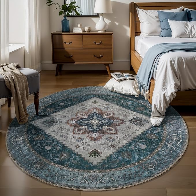 Ciicool Circle Boho Area Rug 4x4ft Round Washable Bedroom Non-Slip Vintage Entryway Throw Low-Pile Indoor Carpet for Living Room Foyer