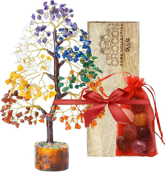 7 Chakra Tree of Life - Crystal Tree of Life with Seven Chakra Tumbles, Wooden Decor Base Tray, Handmade Gemstone Tree, Crystal Decorations, Spiritual Gifts, Artificial Tree, Feng Shui Decor Tree