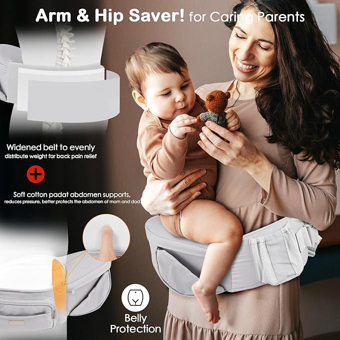 Baby Hip Seat Carrier, Adjustable Waistband with 3D Abdominal Support & Various Pockets Ergonomic Carrier for Newborns to Toddlers up to 33 lbs Medium Beige