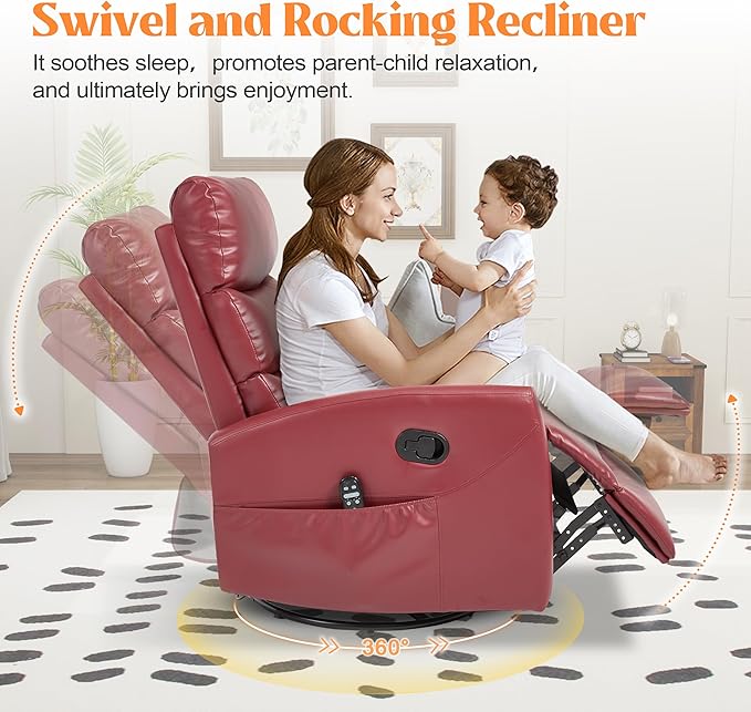 Manual Swivel Rocker Recliner Chair with Massage, Overstuffed Recliner Glider with Vibration Massage and Heat for Nursery, Living Room Reclining Sofa Chair, PU Leather Red