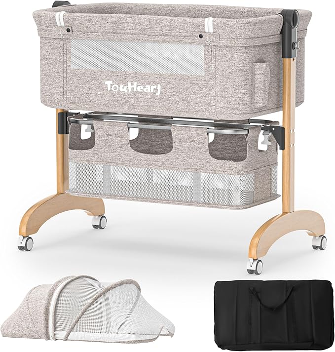 Baby Bassinet, Bedside Bassinet for Baby, 3 in 1 Adjustable Height Bedside Sleeper with Wheels, Breathable Mesh, Easy Folding Portable Crib, Rocking Mode & Storage Basket for Newborn Infants