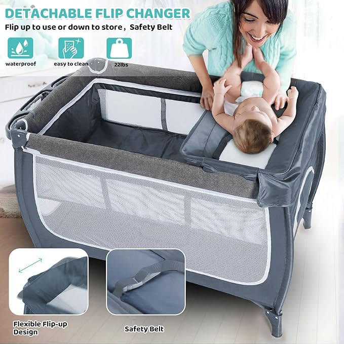 SIMPLGIRL Bedside Bassinet for Baby, 4 in 1 Pack n Play Bassinet Bedside Sleeper Baby Crib with Mosquito Net,Toys & Music Box, Mattress, Foldable Playard for Newborn to Toddles