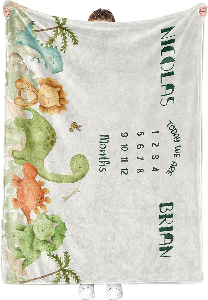 MDPrints Personalized Twin Milestone Blanket, Custom Monthly Baby Blankets with Name for Boys and Girls, 30x40 & 50x60inch Soft Plush Fleece (Dinosaur)