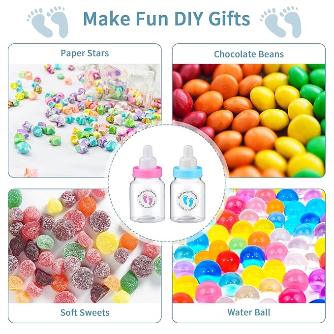 Tondiamo 48 Pcs Blue Pink Baby Shower Mini Bottle Favors 1. 5 x 3. 5 Inch Baby Shower Candy Jar Mini Milk Bottle Party Favor Fillable Gift Boxes for Boys Girls Birthday Party Games Decorations
