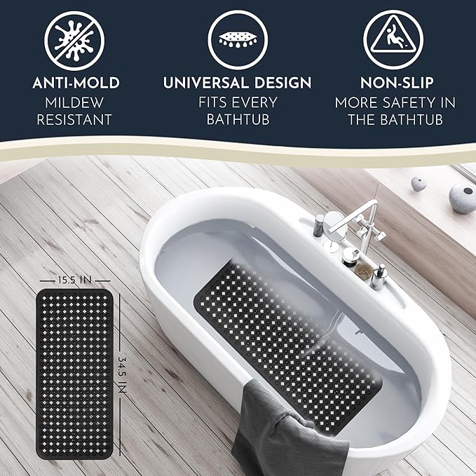 homerella® Bath Mat for Tub Non Slip Mold Resistant 35x16 - Shower Mat Non Slip Anti Mold - Bath Tub Mat Suction Cups incl. Hooks for Drying - Bathtub Mat Non Slip - ANI Slip Shower Mat Inside Tub