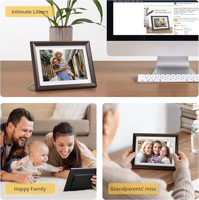 Dragon Touch Digital Picture Frame WiFi 10 inch IPS Touch Screen Digital Photo Frame Display, 32GB Storage, Auto-Rotate, Share Photos via App, Email, Cloud, Classic 10 Brown, PUUDUU