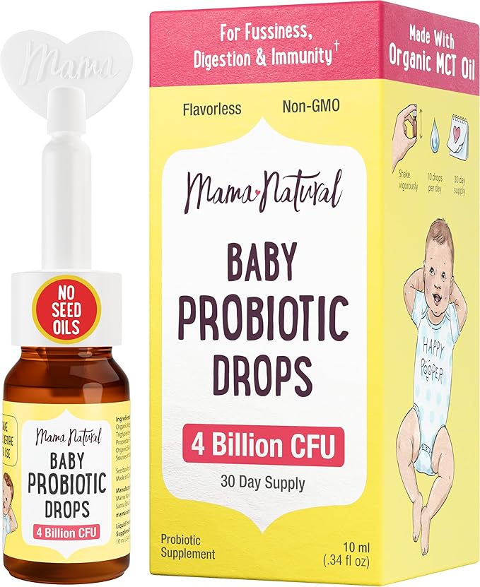 Mama Natural Baby Probiotic Drops | Pediatrician-Approved Infant Probiotic Colic Drops – Infant Gas, Constipation, Fussiness & Immune Support Supplement – 10 Strains & 4 Billion CFU with MCT Oil