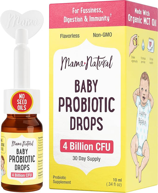 Mama Natural Baby Probiotic Drops | Pediatrician-Approved Infant Probiotic Colic Drops – Infant Gas, Constipation, Fussiness & Immune Support Supplement – 10 Strains & 4 Billion CFU with MCT Oil