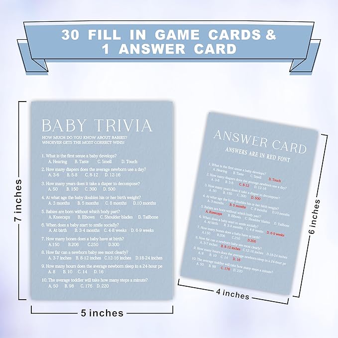 Oh Baby True Or False: Minimalist Baby Shower Game Kit - Mist Blue - 30 Fill-In Cards & Answer Card