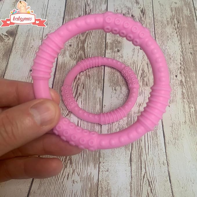 Babynow Teething Rings - Sensory Teether Ring Pacifiers for Baby 0-12 Months Sensory Chew Toy Safe Toddler Comforter Soother Infant Dummie Toy - Pink 2 Pack