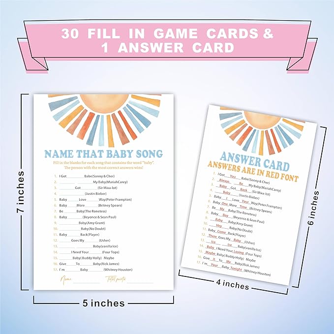 Name That Baby Song Baby Shower Game Kit - Watercolor Retro Sun - 30 Double-Sided Fill In Game Cards For Baby Shower, Gender Reveal Party Favor, Activity & Supplies - B10