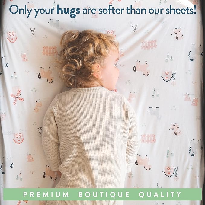 Travel Crib Fitted Sheets for Baby Bjorn, Guava Lotus Travel Crib and 24 x 42 Inch Travel Light Playard Mattress – Snuggly Soft 100% Jersey Cotton – Farm Animals – 2 Pack