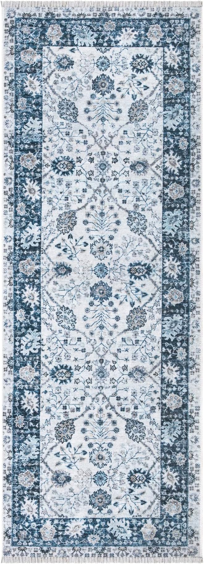 Bloom Rugs Caria Washable Non-Slip 10 ft Runner - Navy Blue Traditional Bordered Runner for Entryway, Hallway, Bathroom, and Kitchen - Exact Size: 2'6" x 10'