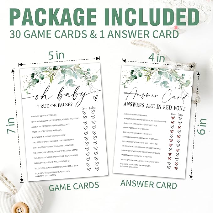 Greenery Baby Shower Game Cards - Set of 30 True Or False Game - Double Sided Print Baby Announcement Gender Reveal Card for Parents to Be - Baby Shower Party Activities Supplies - A05