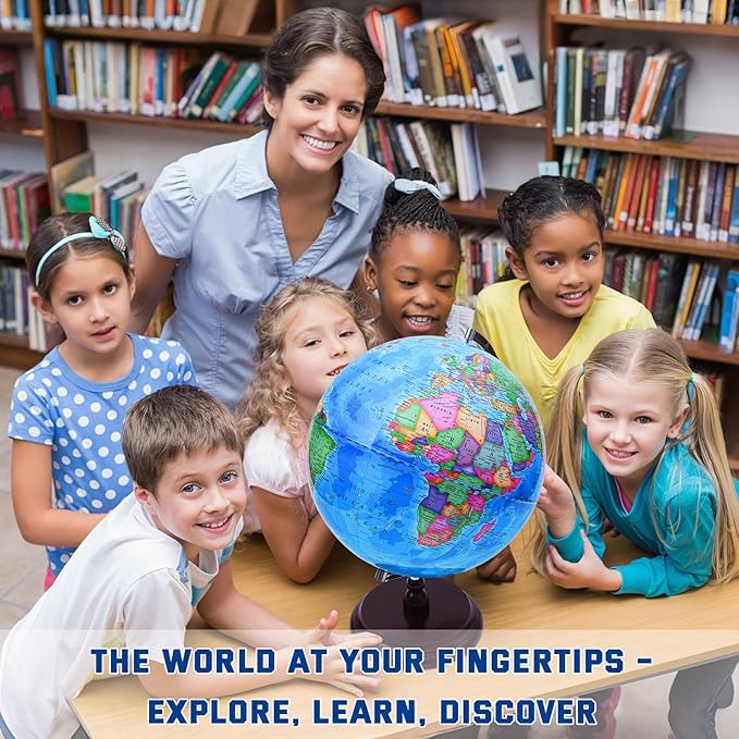 World Globe for Children and Adults, 13 inch Educational Spinning Earth Map with Stand, Self-Assembled Interactive World Globes for Kids Learning, Classroom, Students Desk, Room and Office Decor