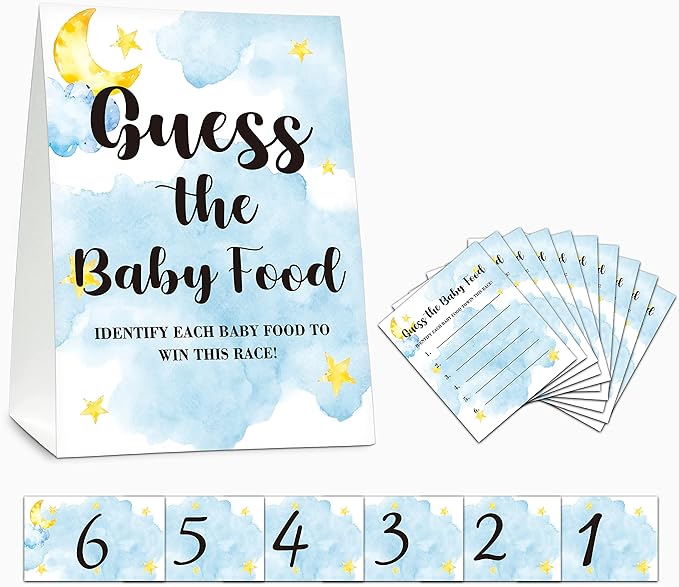 Baby Shower Game Set, Find The Baby Food Party Games(1 Standing Sign + 20 Answer Cards + 6 Number Cards), Moon and Stars Shower Games, Sleepover Gender Reveal Party Favor(A06)