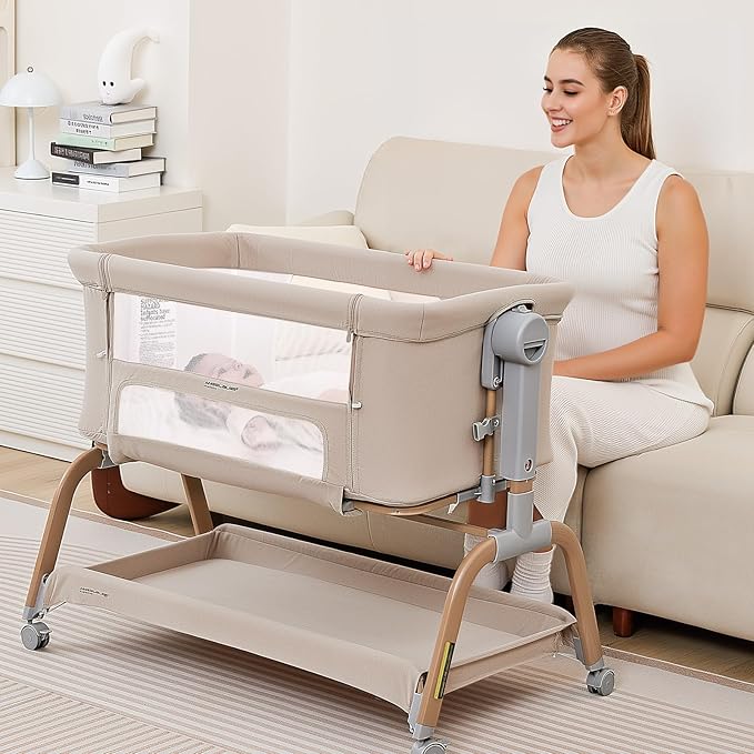 ANGELBLISS 3 in 1 Baby Bassinet, Rocking Bassinets Bedside Sleeper with Comfy Mattress and Wheels, 6 Height Adjustable Easy Folding Portable Bedside Crib for Newborn Infant (Khaki)