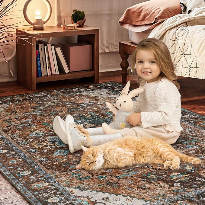 Ciicool Area Rug 5x7ft Washable Rugs for Living Room Non-Slip Indoor Rugs Large Low-Pile Mat Floor Carpet Vintage Rug for Bedroom Dinning Foyer Decor (Brick Red/Dull Teal)