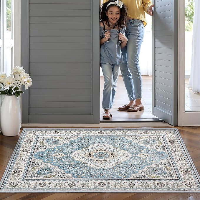 Ciicool Washable Vintage Area Rug, 2x3ft Small Boho Rug, Ultra Soft Rugs for Entryway, Non-Slip Entry Rugs Oriental Low-Pile Indoor Mat Floor Carpet for Entrance Bedroom Kitchen Bathroom Foyer Decor
