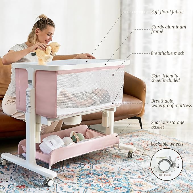 Electric Bassinet Baby Cradle 3 Rocking Motion, 3 in 1 Baby Bassinets for Newborn with 5 Heights Adjustable, Girl/boy Automatic Rolling Bedside Sleeper, Pink
