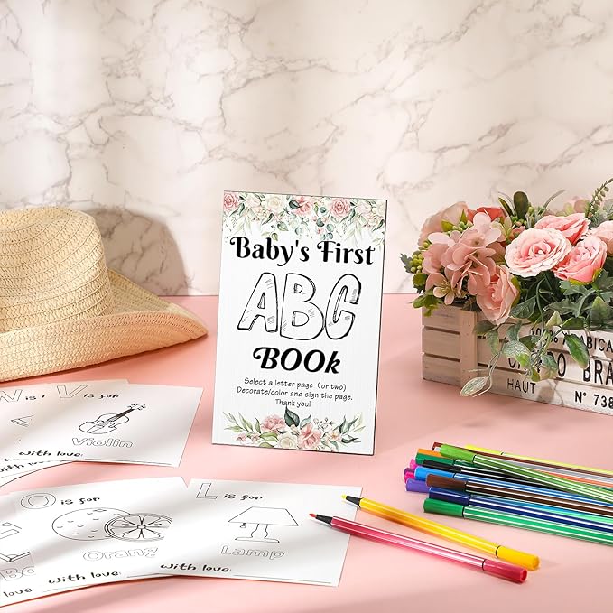 Geelin 51 Pcs Fun Baby Shower Game Activities First Abc Book Sign Coloring Game Card 26 Alphabet a to Z Coloring Card with 24 Watercolor Pen Storage Bag for Baby Shower Party(Floral)