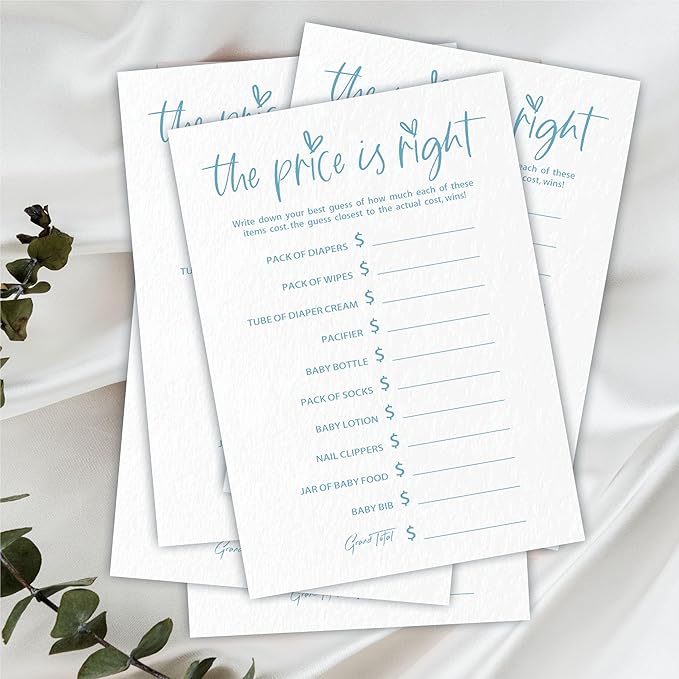 The Price is Right Game Set For Baby Shower - Minimalism White & Blue - 30 Double-Sided Fill In Style Game Cards For Gender Reveal, Baby Announcement, Party Favor & Supplies - C06